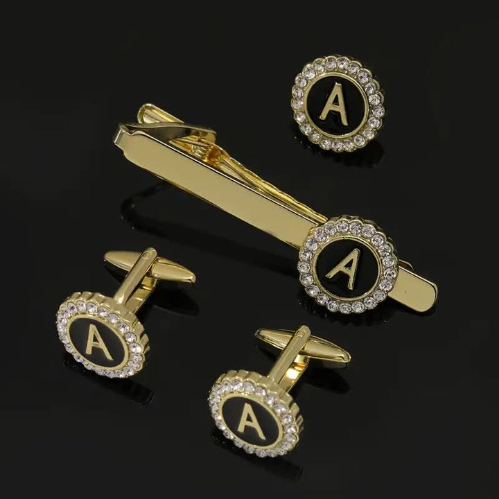 3Pcs Men's Gold 26 Capital Letters Tie Clip Brooch Cufflinks Set