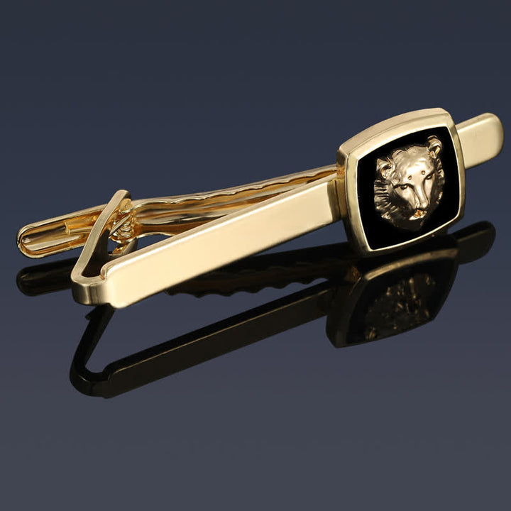 2Pcs Men's Black & Gold Tiger Shape Tie Clip Cufflinks Set