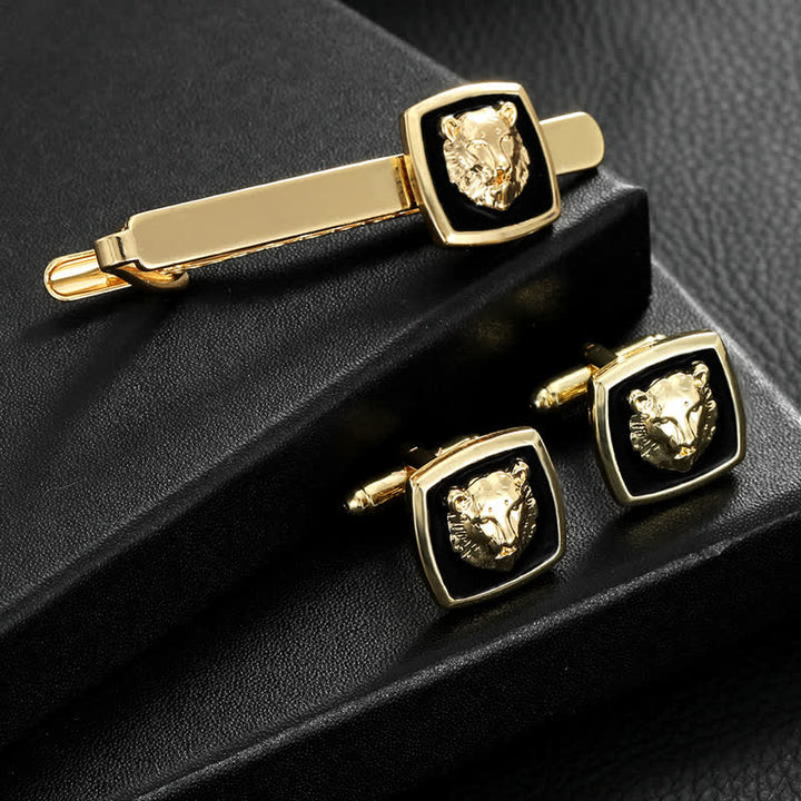 2Pcs Men's Black & Gold Tiger Shape Tie Clip Cufflinks Set - Gold & Black - image 0