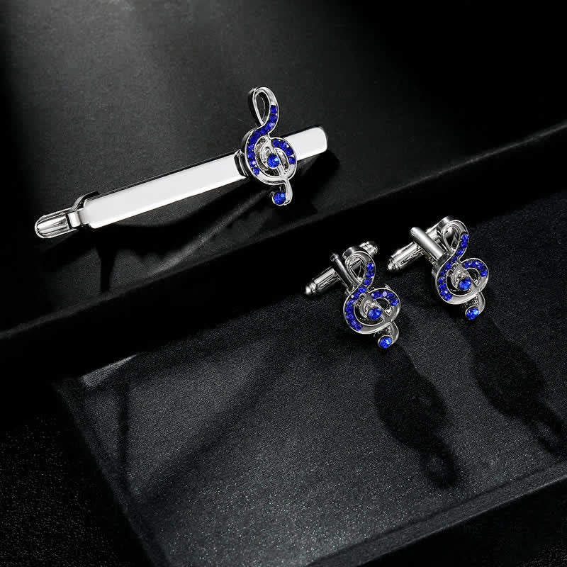 2Pcs Men's Silver Fashion Music Note Tie Clip Cufflinks Set