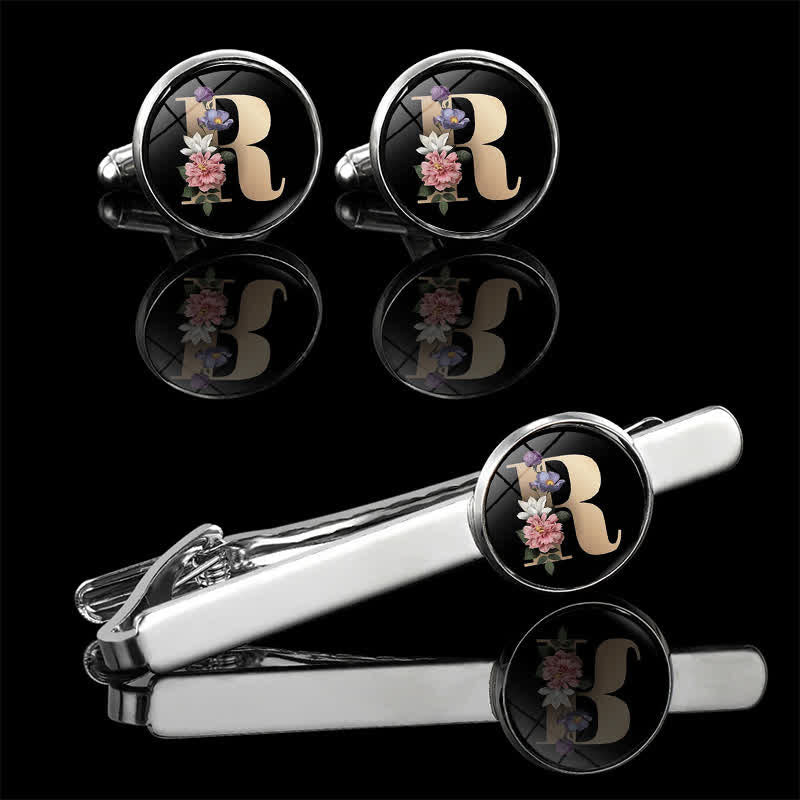 3Pcs Men's Flower 26 Capital Letters Tie Clip Brooch Cufflinks Set - R - image 20