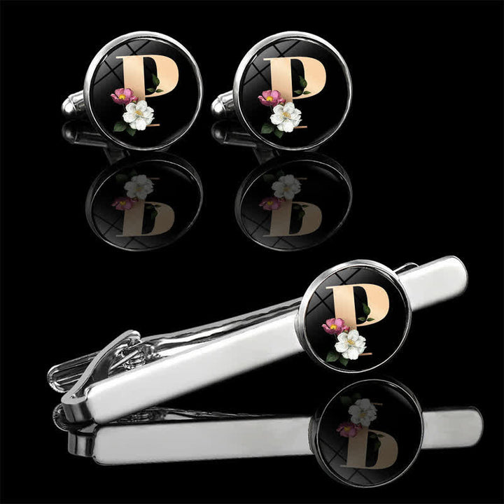 3Pcs Men's Flower 26 Capital Letters Tie Clip Brooch Cufflinks Set - P - image 18