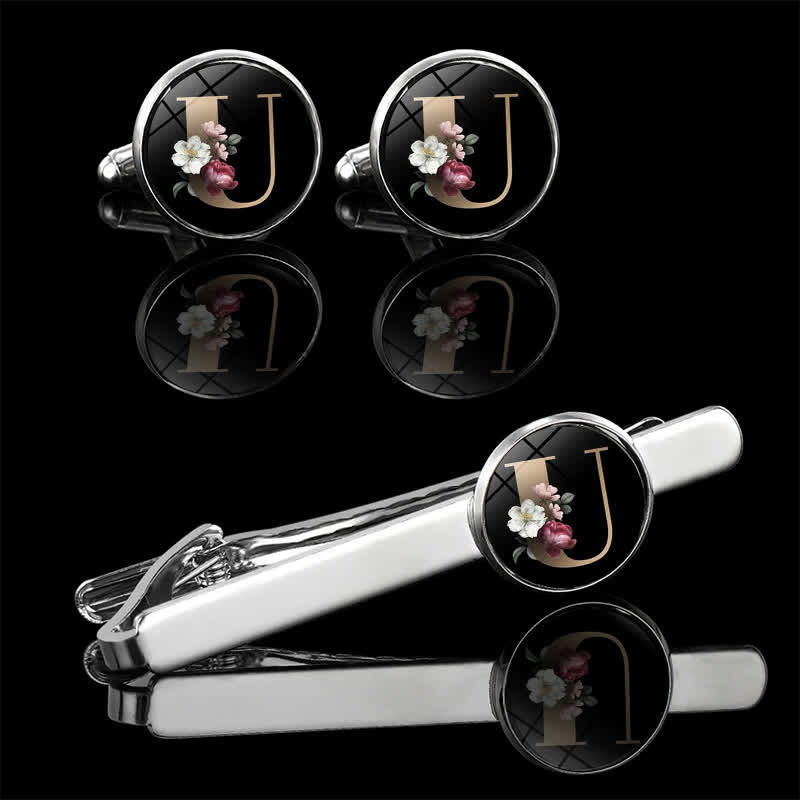 3Pcs Men's Flower 26 Capital Letters Tie Clip Brooch Cufflinks Set - U - image 23