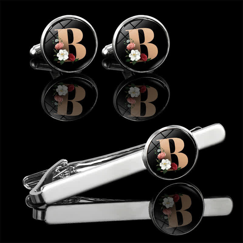 3Pcs Men's Flower 26 Capital Letters Tie Clip Brooch Cufflinks Set - B - image 4