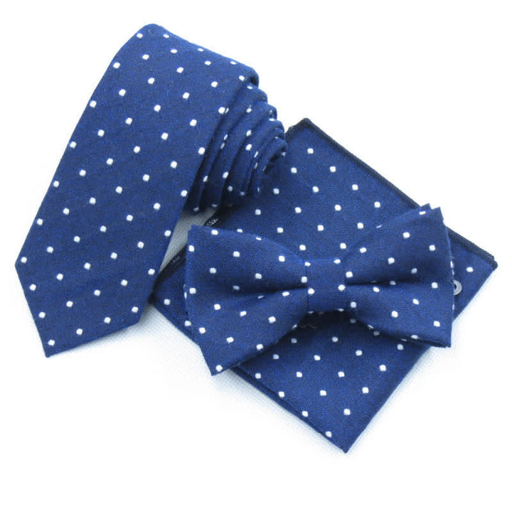 3Pcs Men's Polka Dots Stylish Bow Tie Necktie Set - Navy - Bow Tie + Necktie + Handkerchief - image 11