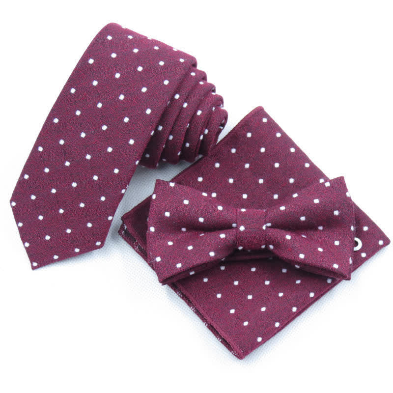 3Pcs Men's Polka Dots Stylish Bow Tie Necktie Set - Burgundy - Bow Tie + Necktie + Handkerchief - image 1