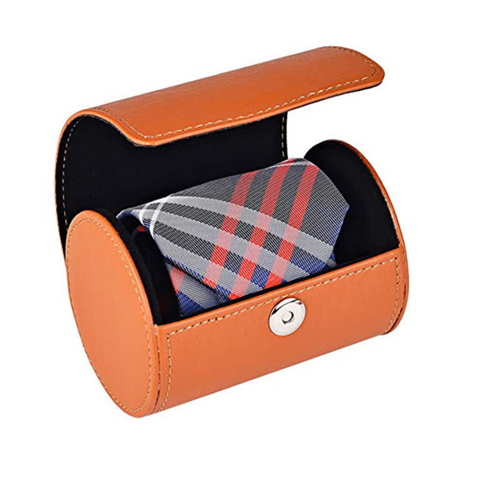 Orange Round Necktie Storage Box PU Leather Case