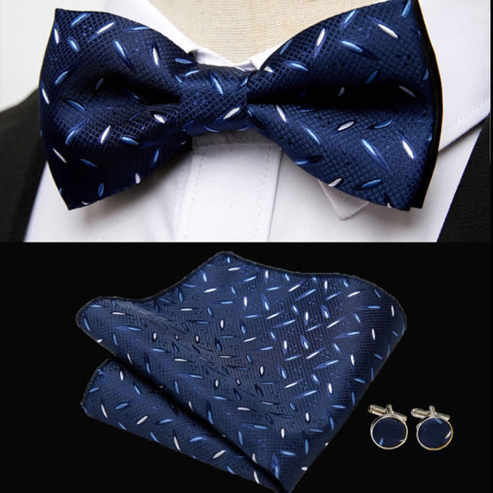 3Pcs Men's Navy Mini Stripe Pocket Square Cufflinks Bow Tie Set