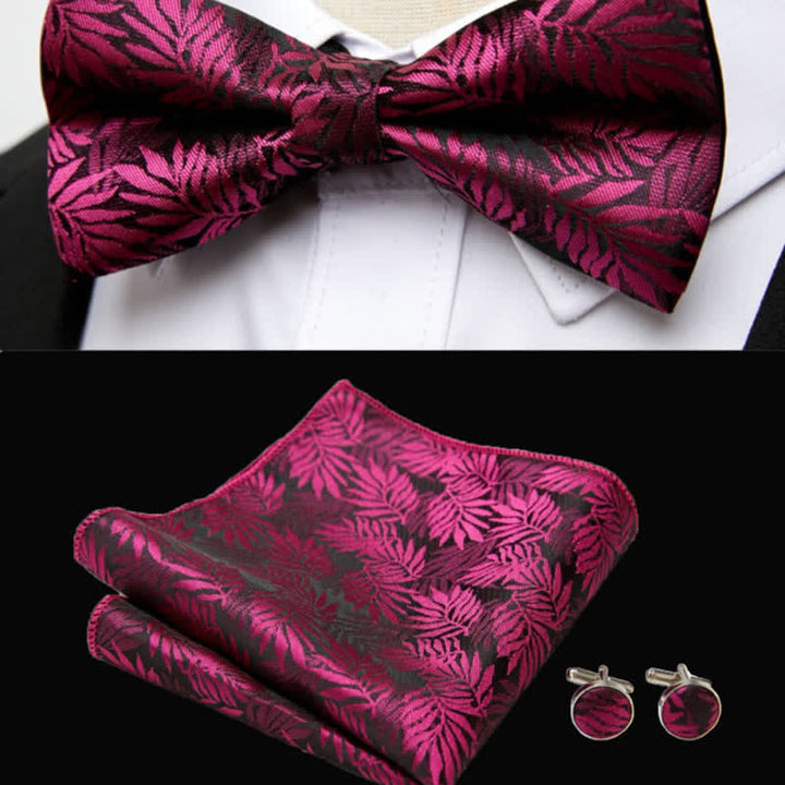 3Pcs Men's Fuchsia Leaves Pocket Square Cufflinks Bow Tie Set