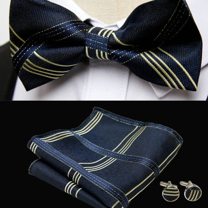 3Pcs Men's MidnightBlue Plaid Pocket Square Cufflinks Bow Tie Set