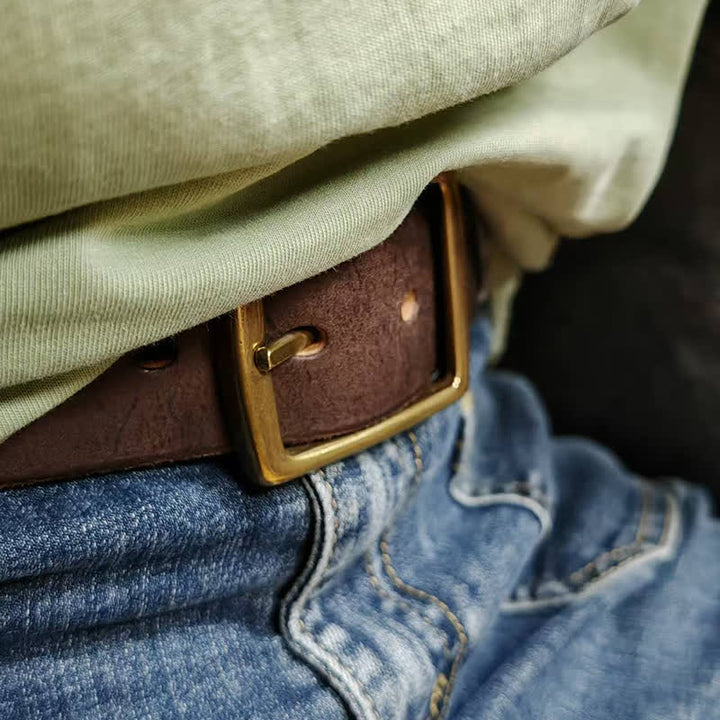 Casual Brass Buckle Hand-Made Distressed Leather Belt