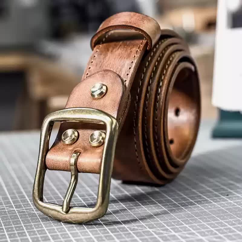 Retro Distressed Brass Buckle Hand-Made Stitching Leather Belt - Yellowish Brown - 42 - image 1