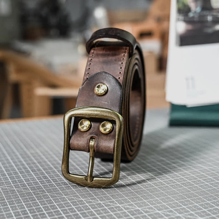 Retro Distressed Brass Buckle Hand-Made Stitching Leather Belt