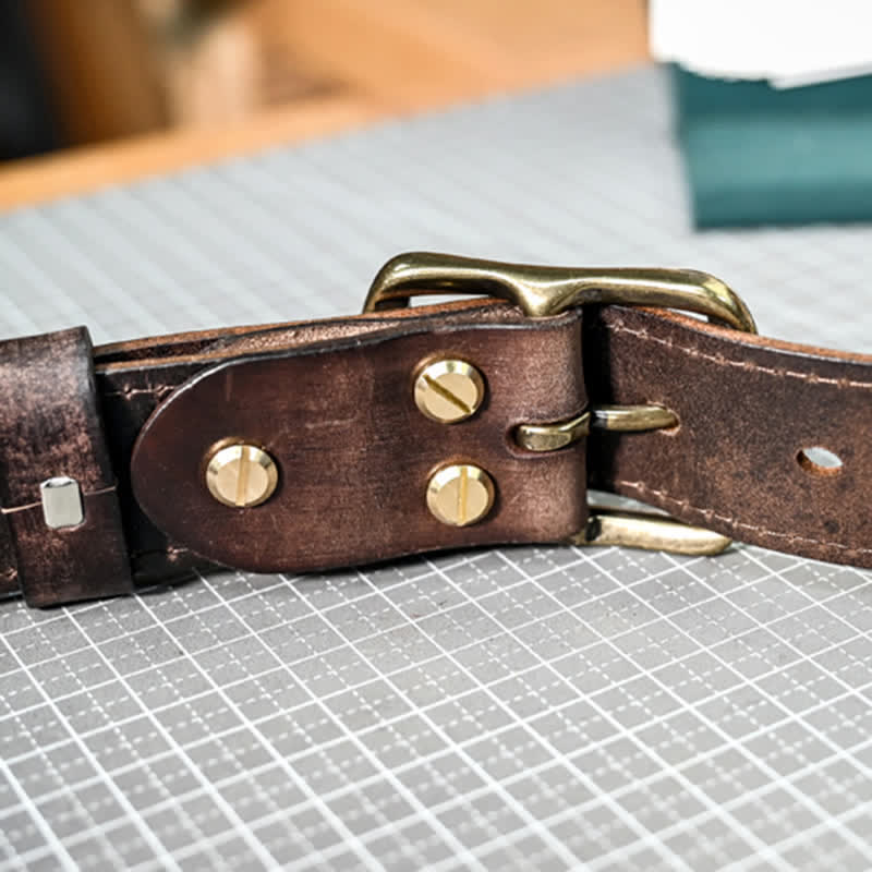 Retro Distressed Brass Buckle Hand-Made Stitching Leather Belt