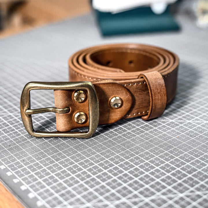 Retro Distressed Brass Buckle Hand-Made Stitching Leather Belt