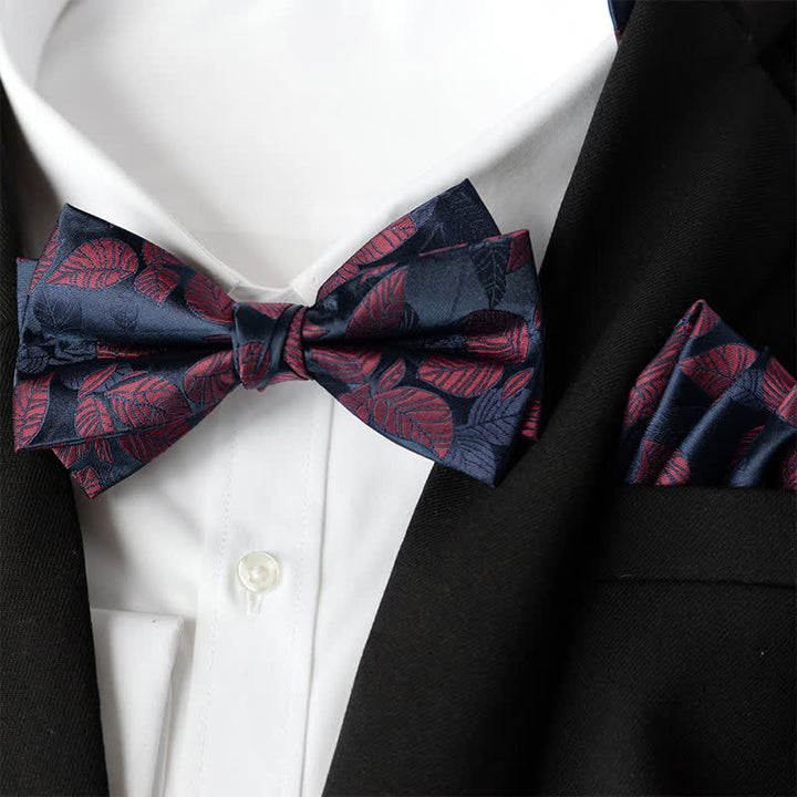 2Pcs Men's Elegant Flower Handkerchief Double Layered Bow Tie Set