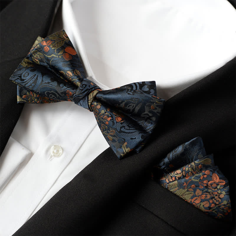 2Pcs Men's Elegant Flower Handkerchief Double Layered Bow Tie Set