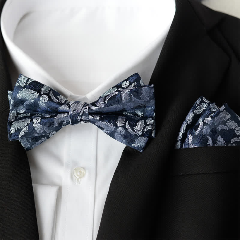 2Pcs Men's Elegant Flower Handkerchief Double Layered Bow Tie Set