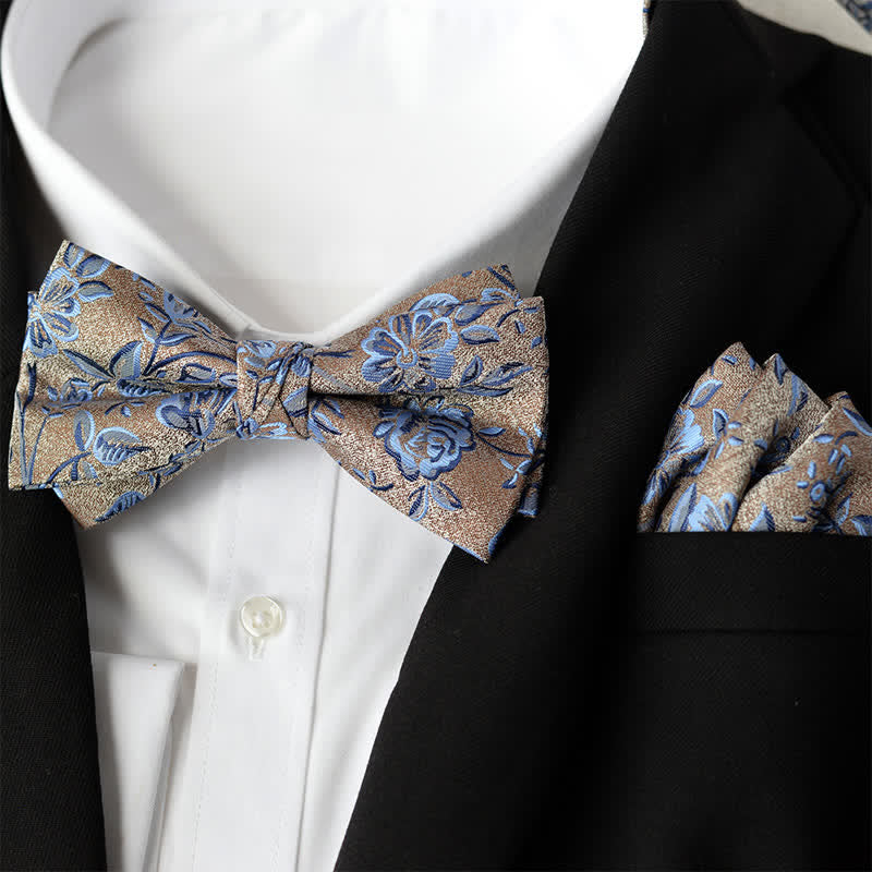 2Pcs Men's Elegant Flower Handkerchief Double Layered Bow Tie Set