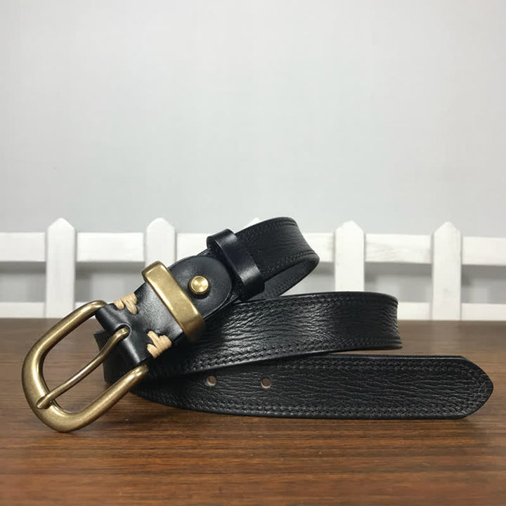 Women's Brass Buckle Double Stitching Narrow Leather Belt