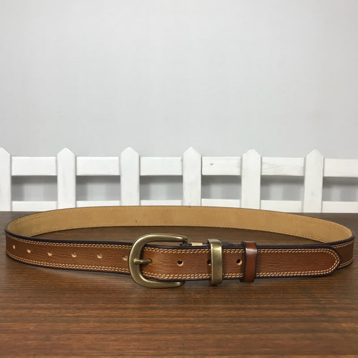 Women's Brass Buckle Double Stitching Narrow Leather Belt