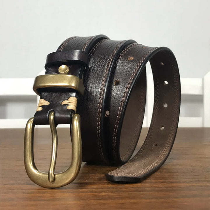 Women's Brass Buckle Double Stitching Narrow Leather Belt