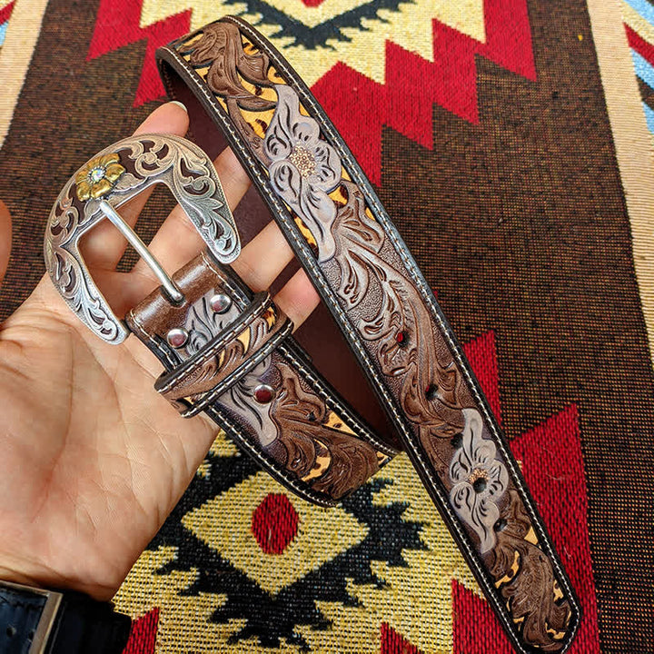 Western Brown & Yellow Carved Flower Buckle Leather Belt