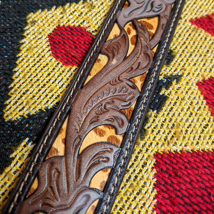 Western Brown & Yellow Carved Flower Buckle Leather Belt