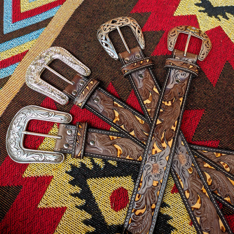 Western Brown & Yellow Carved Flower Buckle Leather Belt