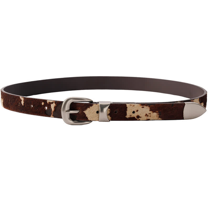 Faux Fur Cow Print Classic Silver Buckle Leather Belt