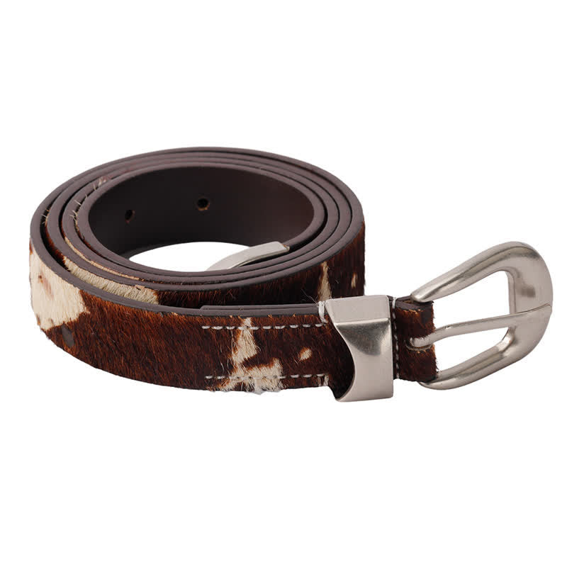 Faux Fur Cow Print Classic Silver Buckle Leather Belt