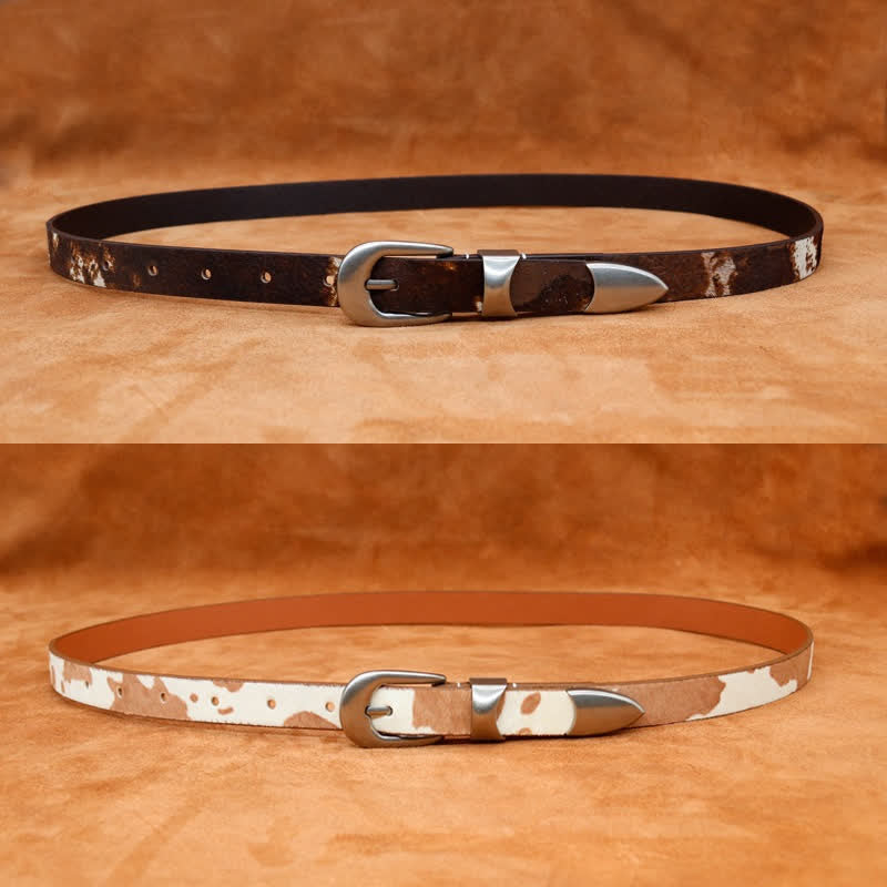 Faux Fur Cow Print Classic Silver Buckle Leather Belt