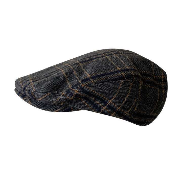 Dark Gray Yellow Plaid Classic Herringbone Gatsby Beret Hat