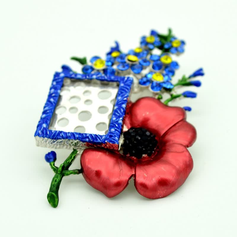 Poppy Rhinestone Flower Brooch with Picture Frame