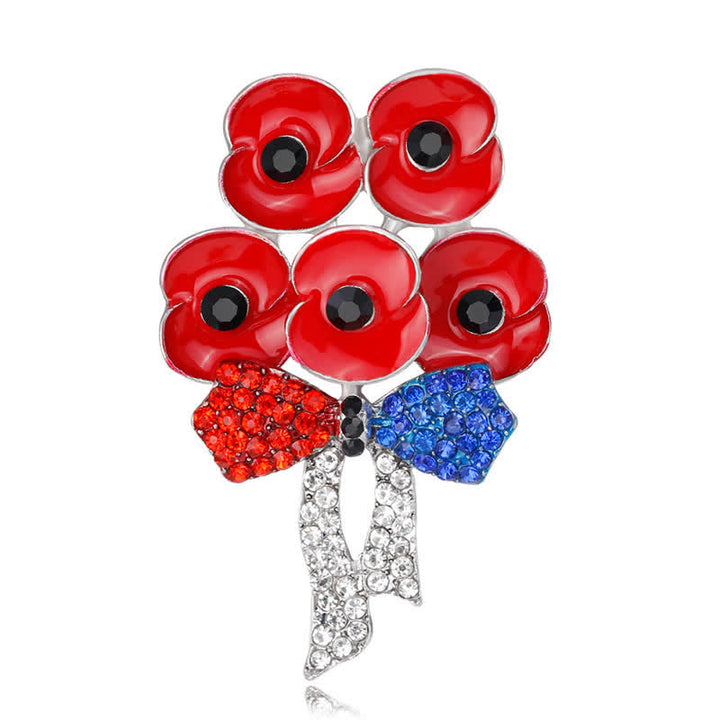 Five Red Poppies Bow Knot Rhinestone Flower Brooch