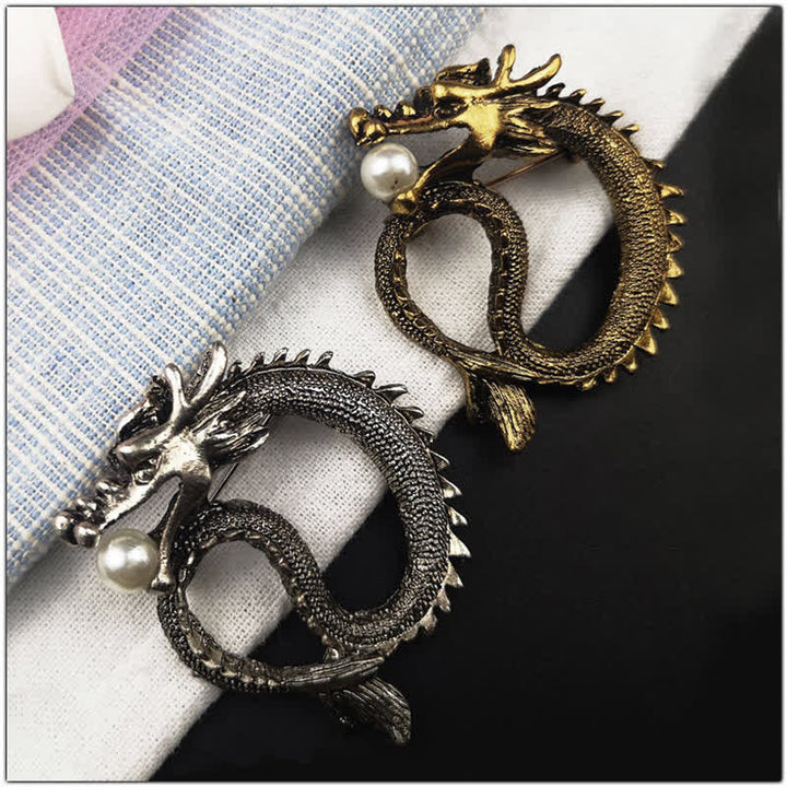 Men's Antique Tone Dragon Imitation Pearl Brooch