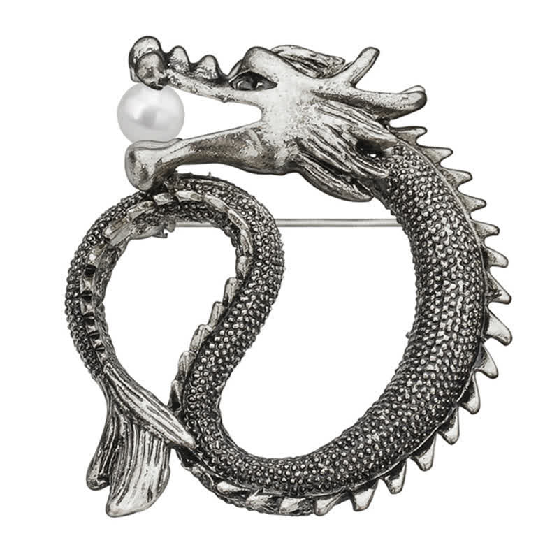 Men's Antique Tone Dragon Imitation Pearl Brooch