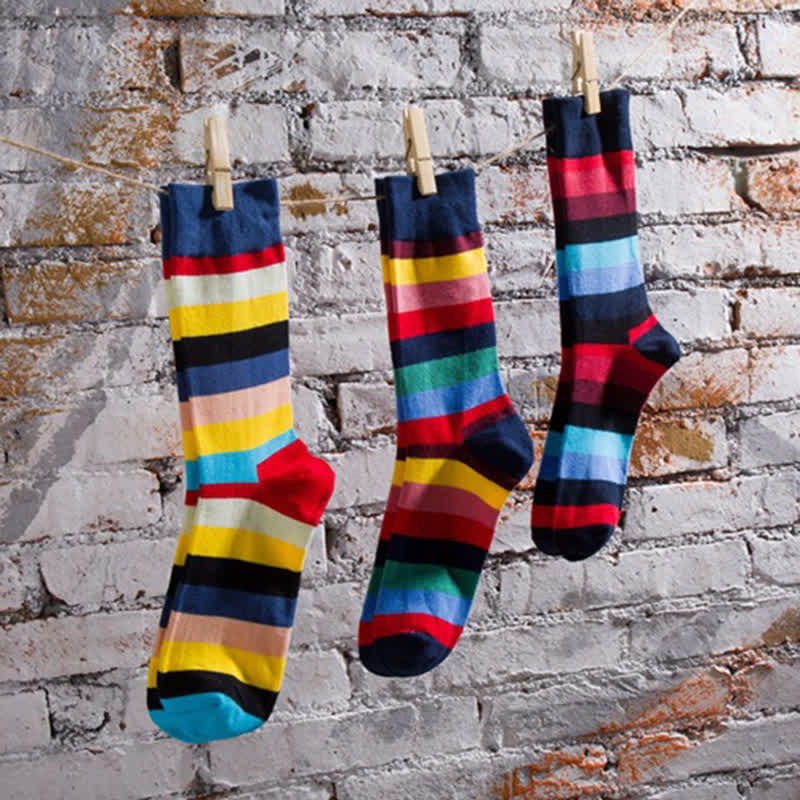 Men's Colorful Rainbow Striped Cotton Crew Socks