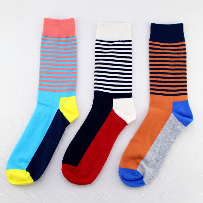 Men's Three Color Pinstripes Cotton Crew Socks