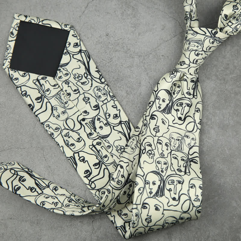 Men's Ivory & Black Abstract Faces Printed Necktie