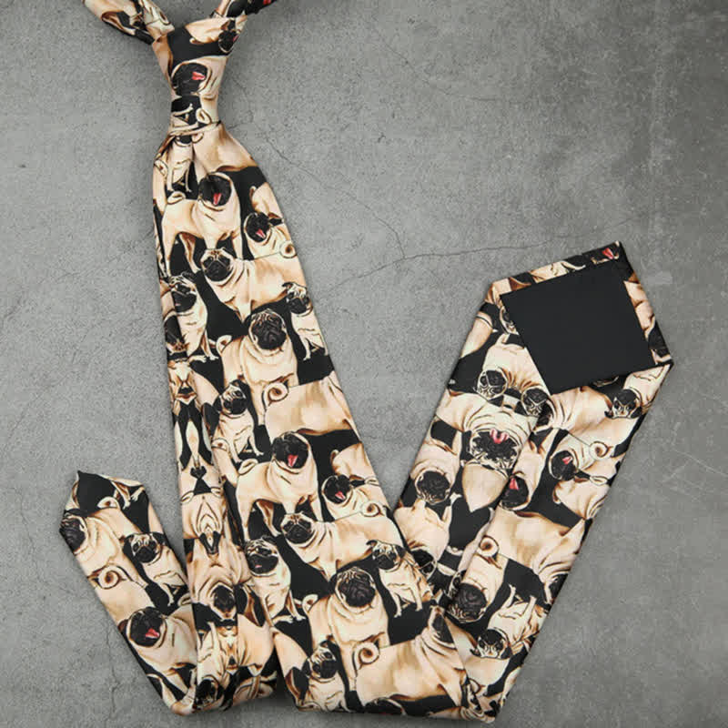 Men's Black & Beige A Bunch Of Pugs Printed Necktie