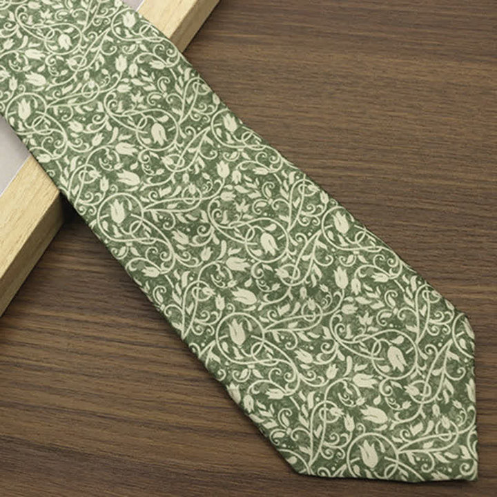 Men's Green & White Vine Floral Printed Necktie