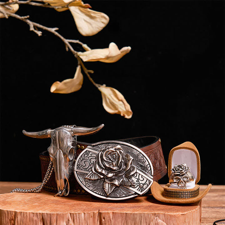 DIY Rose Hidden Knife Belt Buckle Bull Pendant Skull & Rose Ring Bundle Set - Rose - Brown Rivet Belt - 42 - image 8