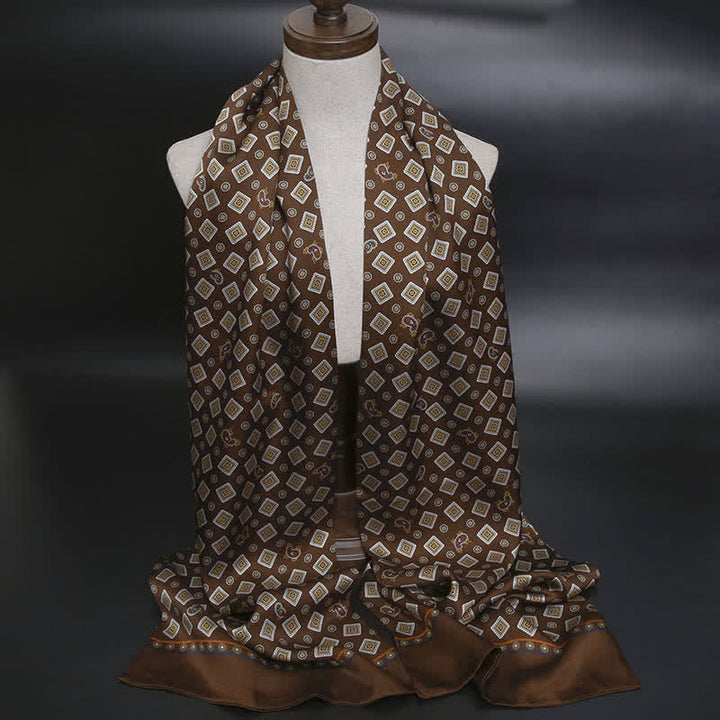 Men's Repeating Square Paisley Pattern Thin Long Pure Silk Scarf - Coffee - image 11