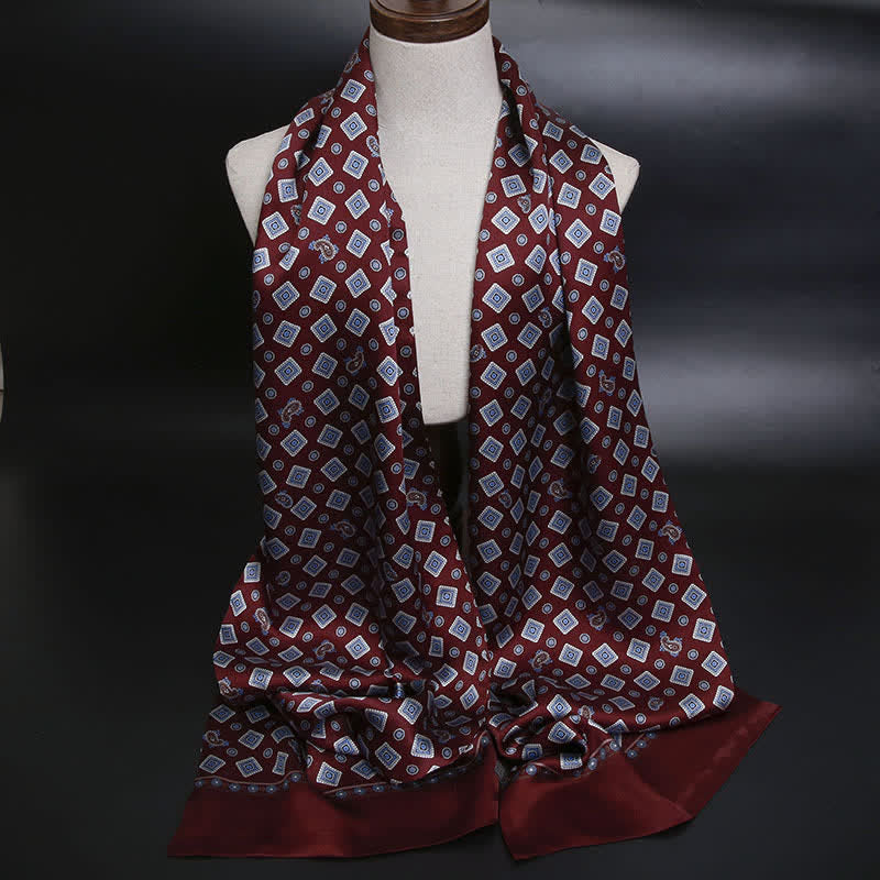 Men's Repeating Square Paisley Pattern Thin Long Pure Silk Scarf - Dark Red - image 5