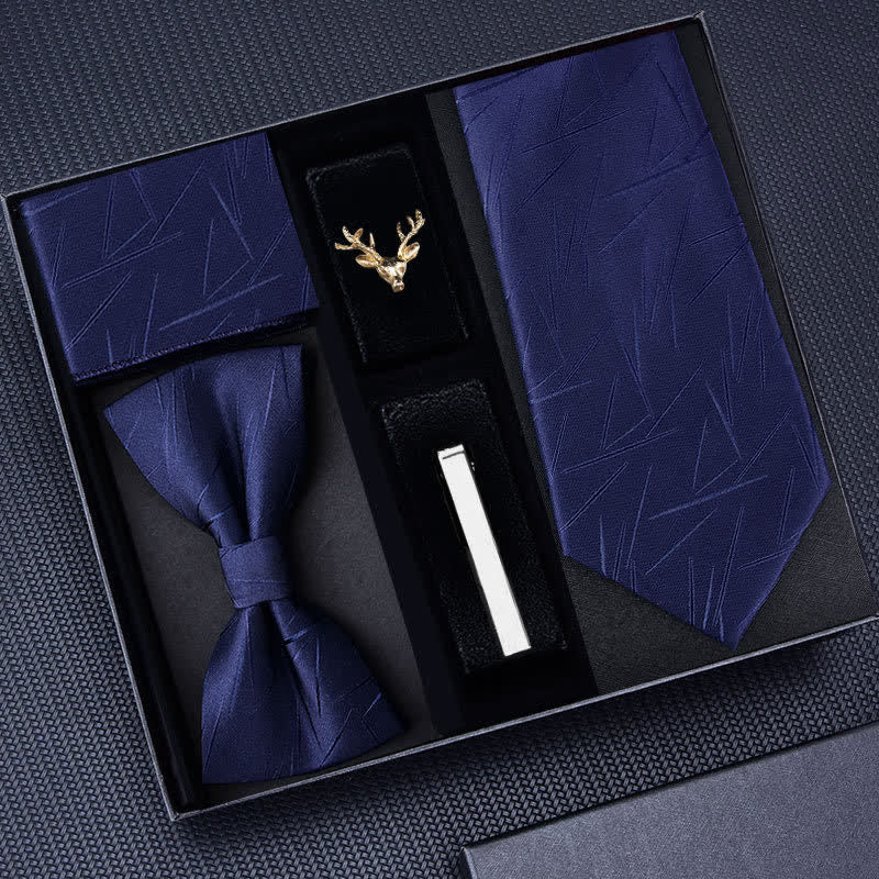 5Pcs Men's Striped Necktie Deer Brooch Bow Ties Gift Box