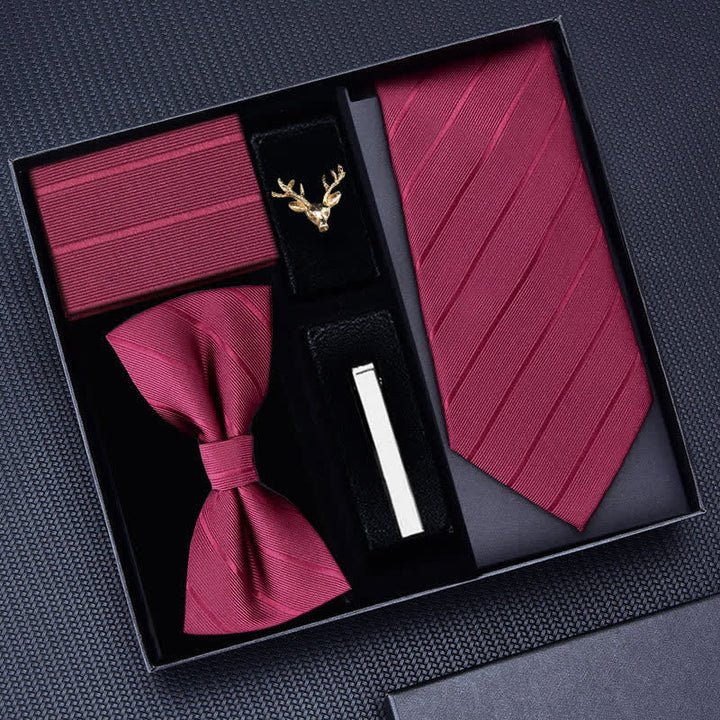 5Pcs Men's Striped Necktie Deer Brooch Bow Ties Gift Box