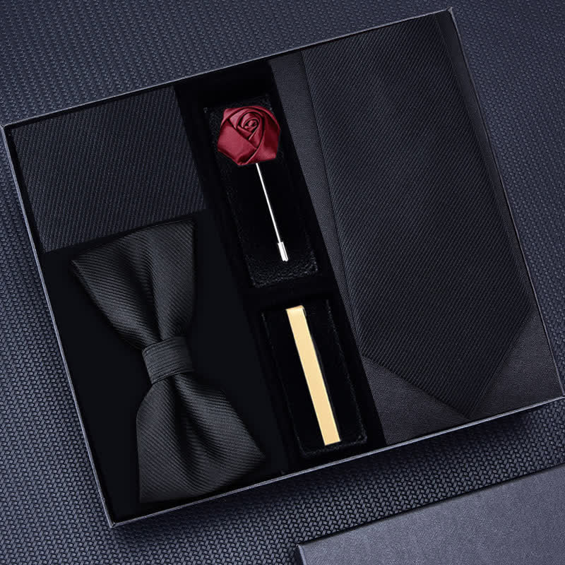 5Pcs Men's Twilled Necktie Rose Brooch Bow Ties Gift Box