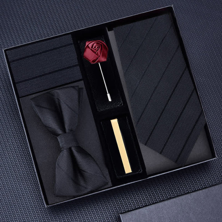 5Pcs Men's Twilled Necktie Rose Brooch Bow Ties Gift Box