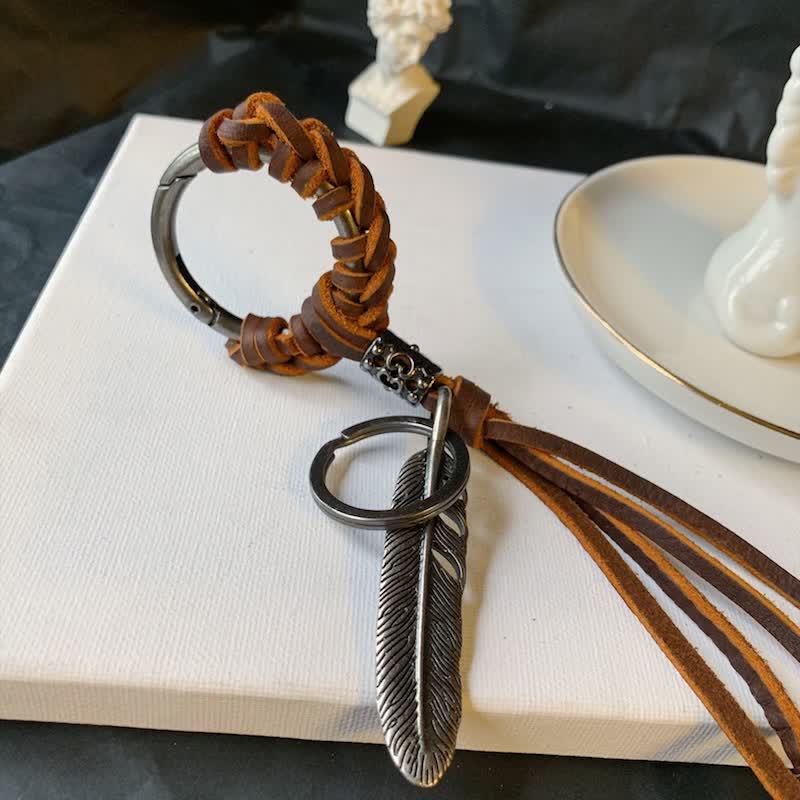 Vintage Metal Feather Braided Leather Tassel Keychain